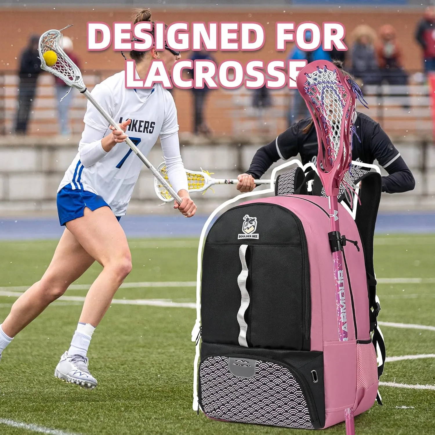 Boulder Bee Lacrosse Backpack with Stick Holders, Field Hockey Bag, Lacrosse Gift for Women