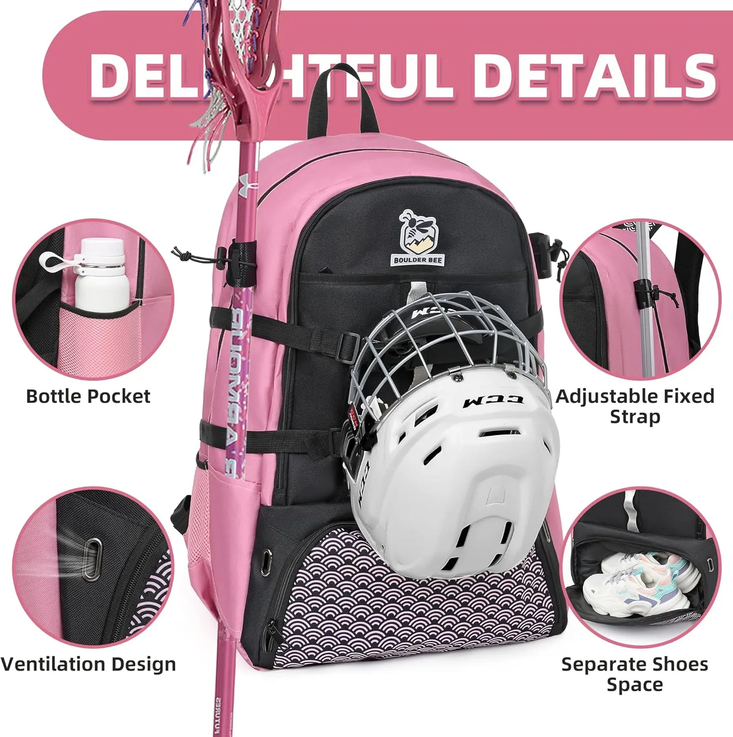 Boulder Bee Lacrosse Backpack with Stick Holders, Field Hockey Bag, Lacrosse Gift for Women