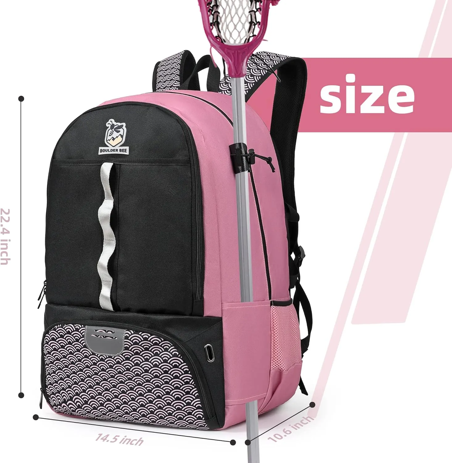 Boulder Bee Lacrosse Backpack with Stick Holders, Field Hockey Bag, Lacrosse Gift for Women