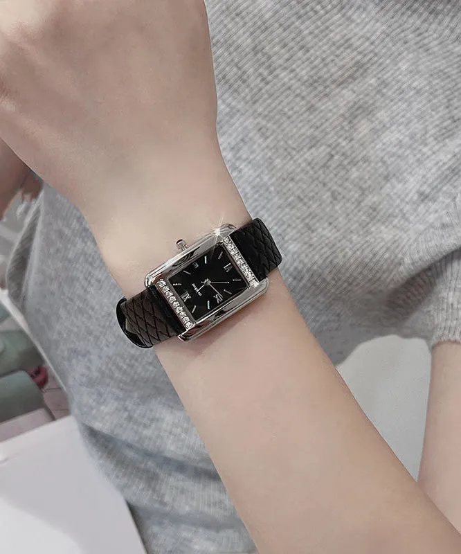 Boutique Black Leather Alloy Plaid Patchwork Waterproof Watch