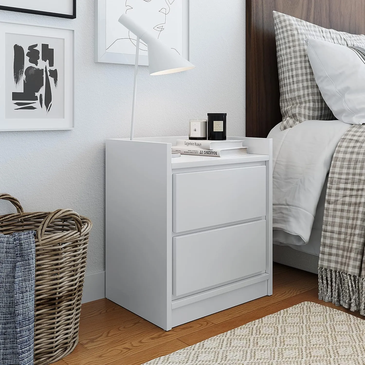 Boyd Sleep Adagio Swing Door Modern Nightstand: Bedroom Side Table with Storage Cubby and Shelf, White