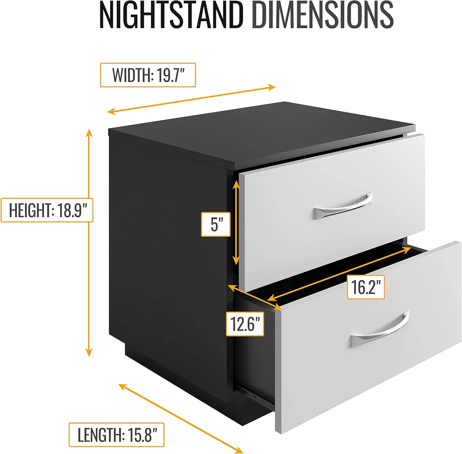 Boyd Sleep Bedroom Nightstand Bedside Table: Hamilton Two Drawer Storage with Pedestal Base, Black/White