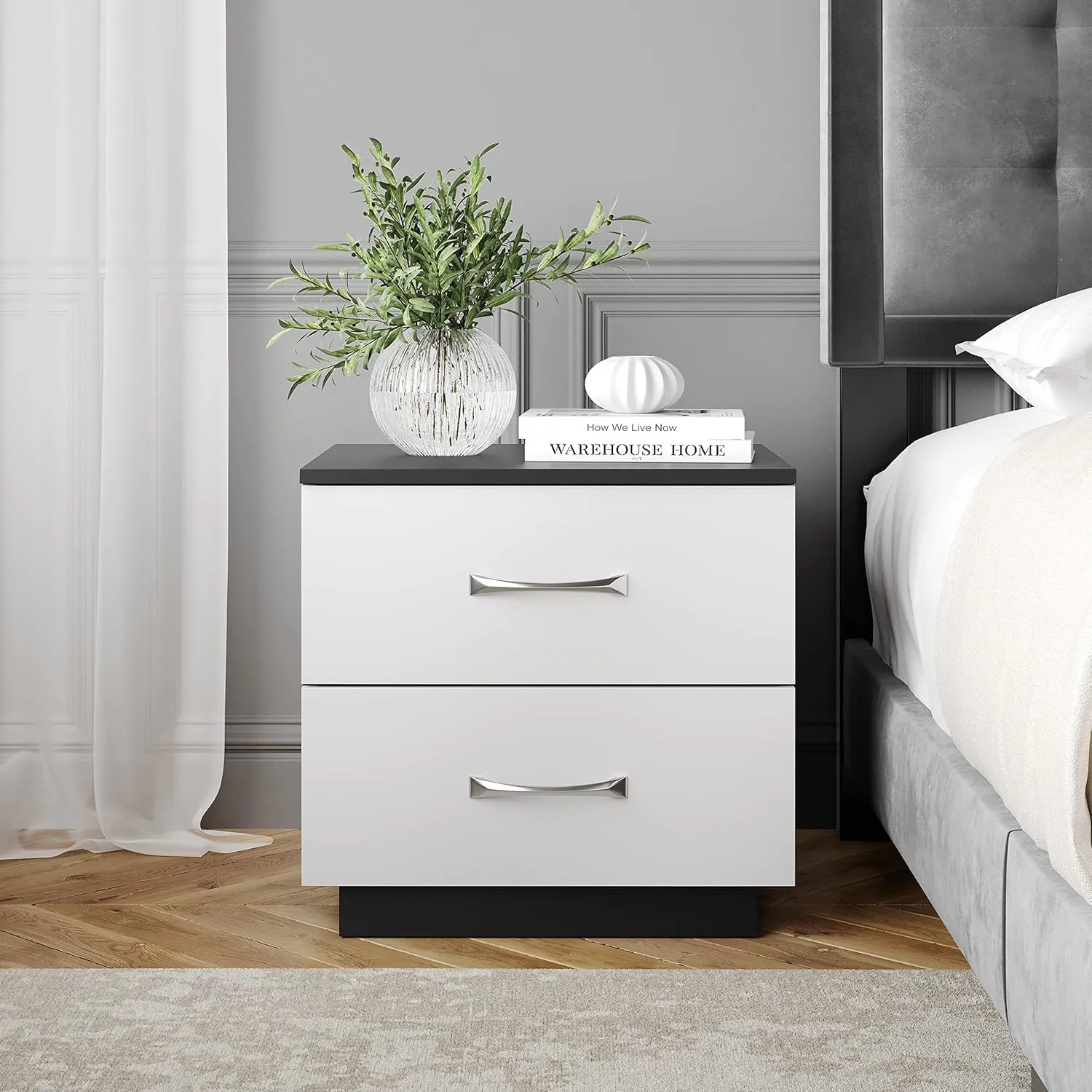 Boyd Sleep Bedroom Nightstand Bedside Table: Hamilton Two Drawer Storage with Pedestal Base, Black/White
