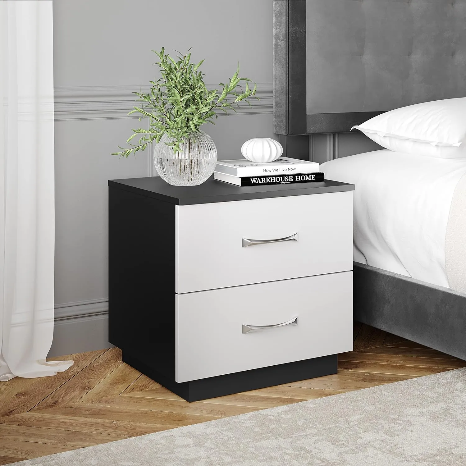Boyd Sleep Bedroom Nightstand Bedside Table: Hamilton Two Drawer Storage with Pedestal Base, Black/White