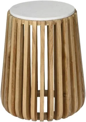 Brixton White Marble Wood End Table with Slatted Acacia Base Modern Boho Design