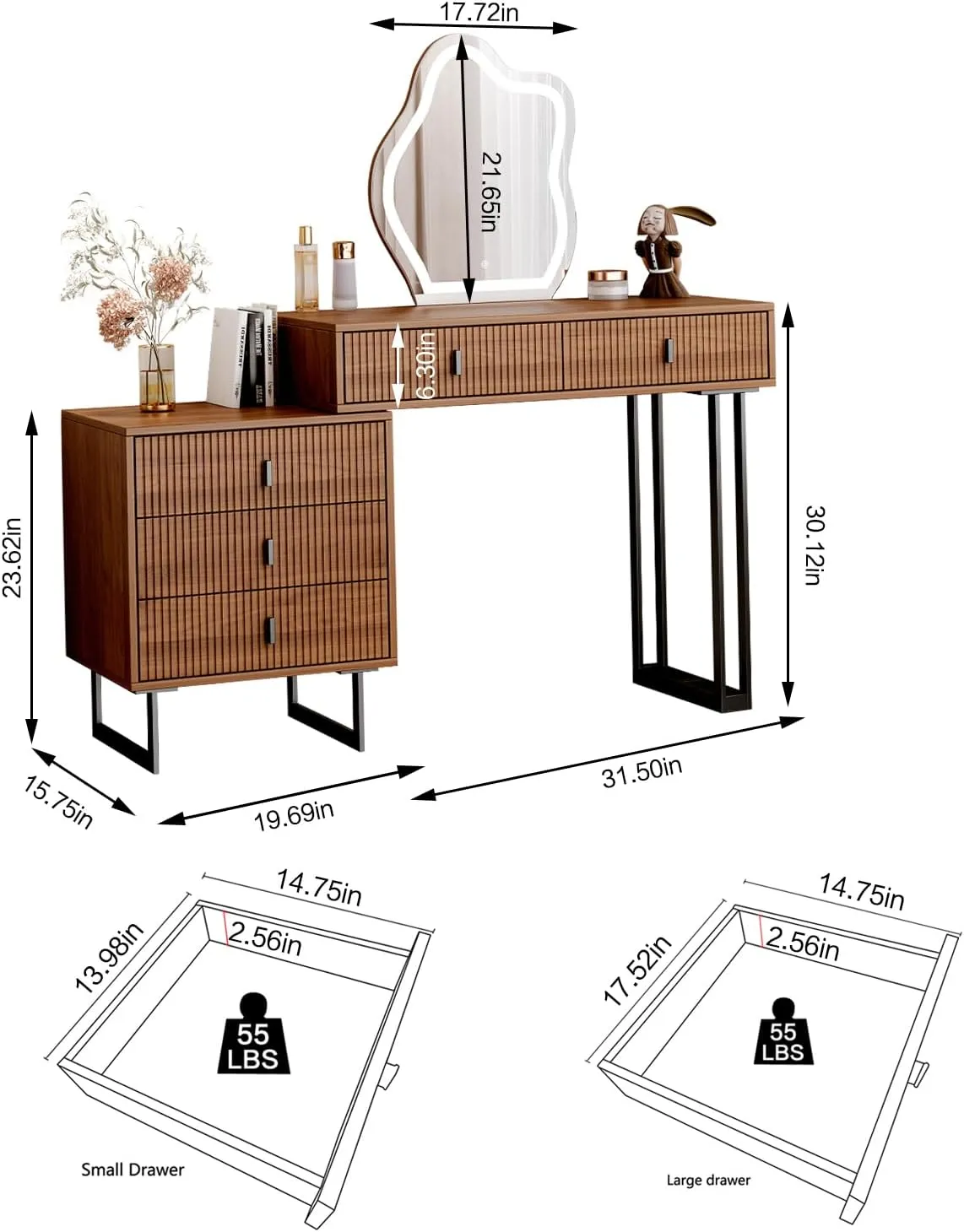 Brown Vanity Desk with Mirror and Lights,Small Makeup Vanity with 5 Drawers，Modern Makeup Table with Adjustable Cabinet for Bedroom,Makeup Room