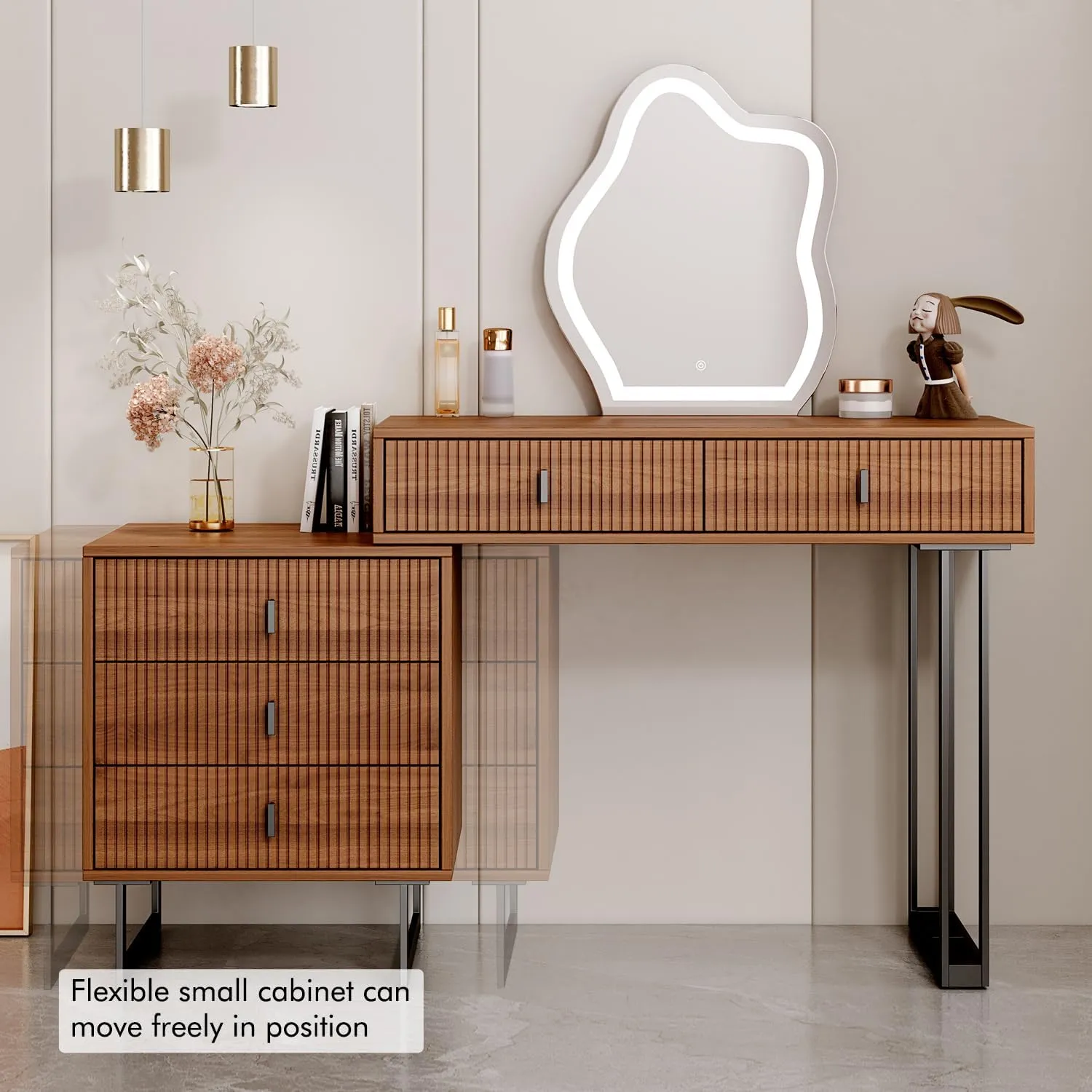 Brown Vanity Desk with Mirror and Lights,Small Makeup Vanity with 5 Drawers，Modern Makeup Table with Adjustable Cabinet for Bedroom,Makeup Room