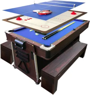 Bullet with Benches 7FT Multi-game Billiards, Air Hockey & Table Tennis Table in Brown