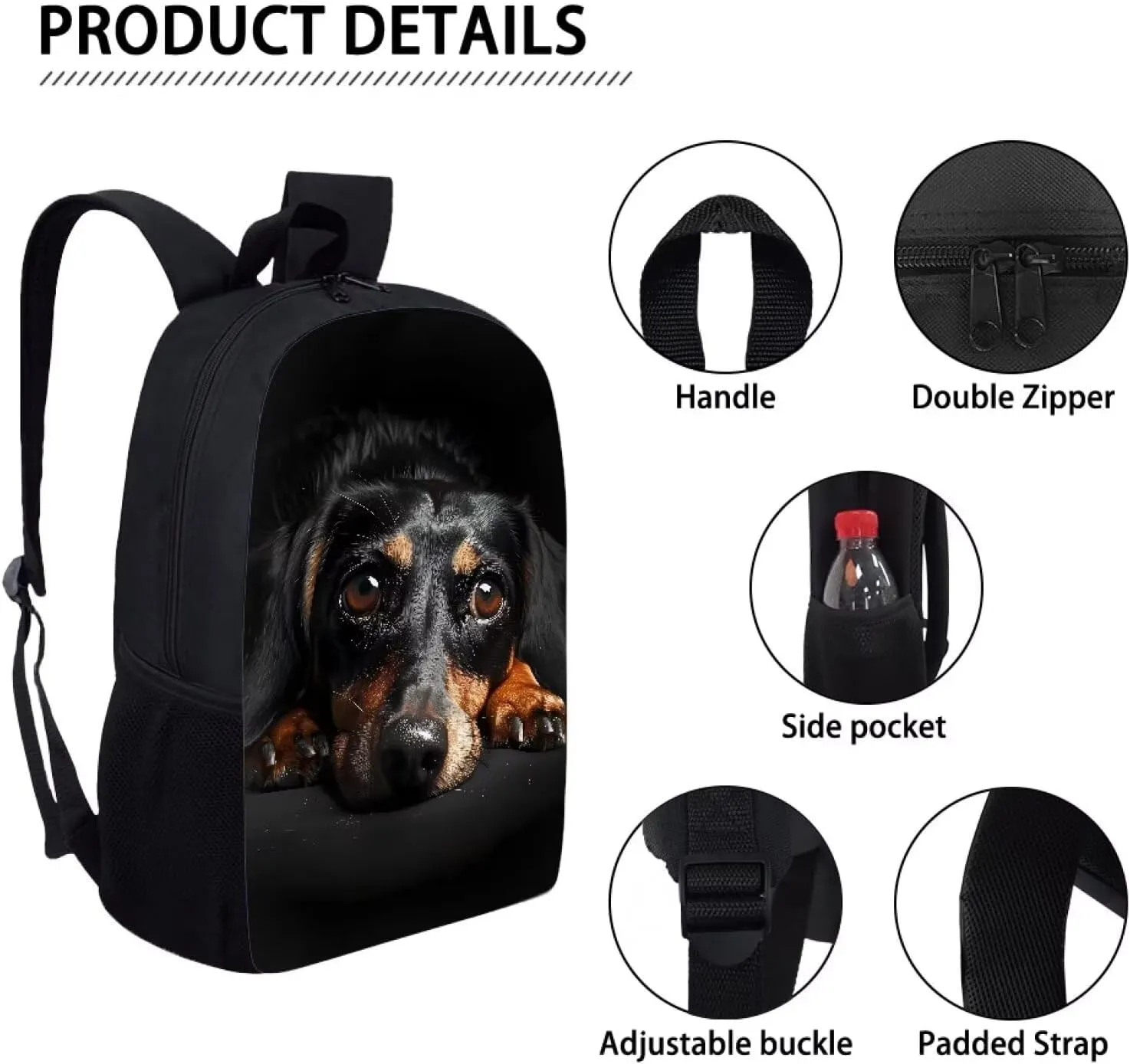 Buybai 3D Dachshund Dog Backpack for Kids, Travel Work Daypack 17 Icnh School Bags for Girls, Laptop Backpacks for Middle High school Student Portable Schoolbag with Side Pocket
