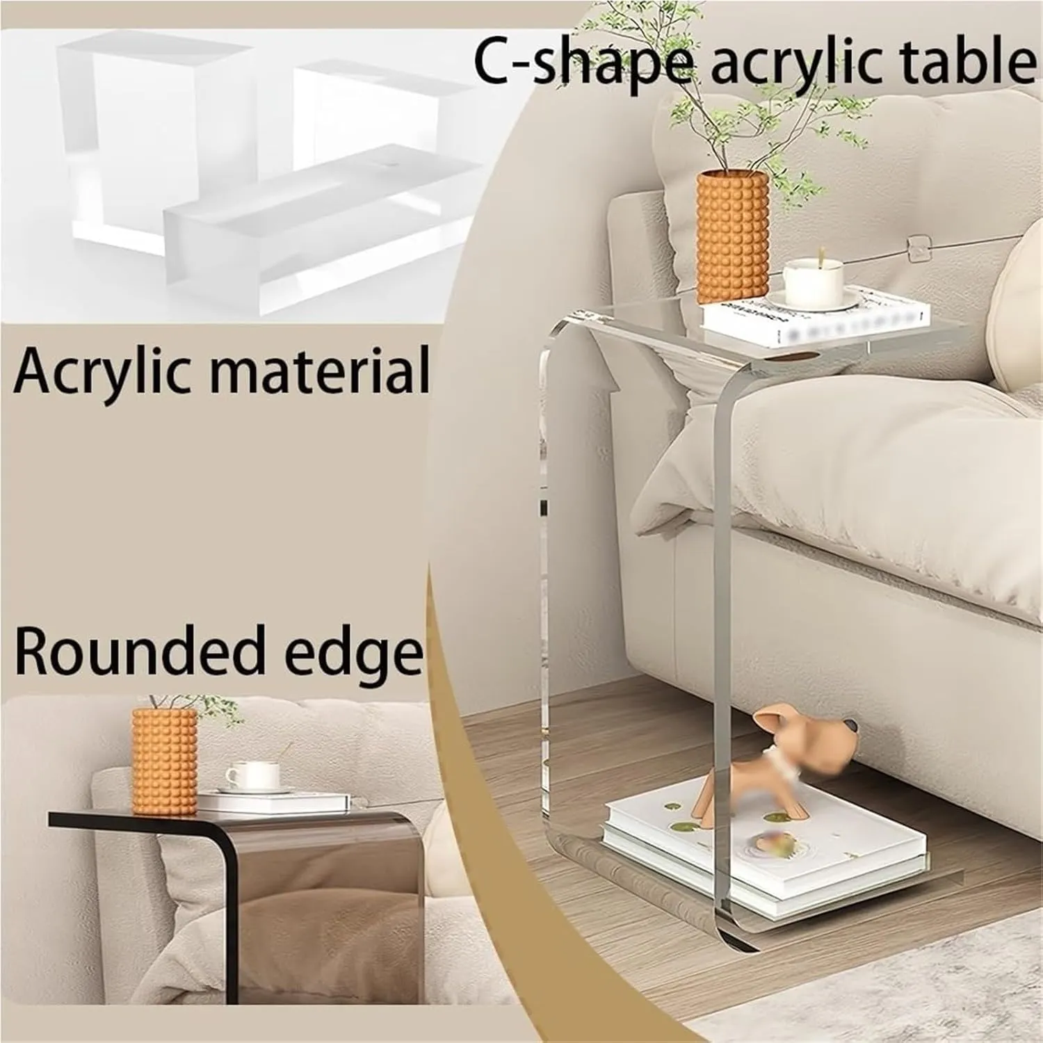 C-Shape Transparent Acrylic Side Table Space-Saving Couch Tables Terrace Accent Table c Shaped End Table for Home,Ideal for Home
