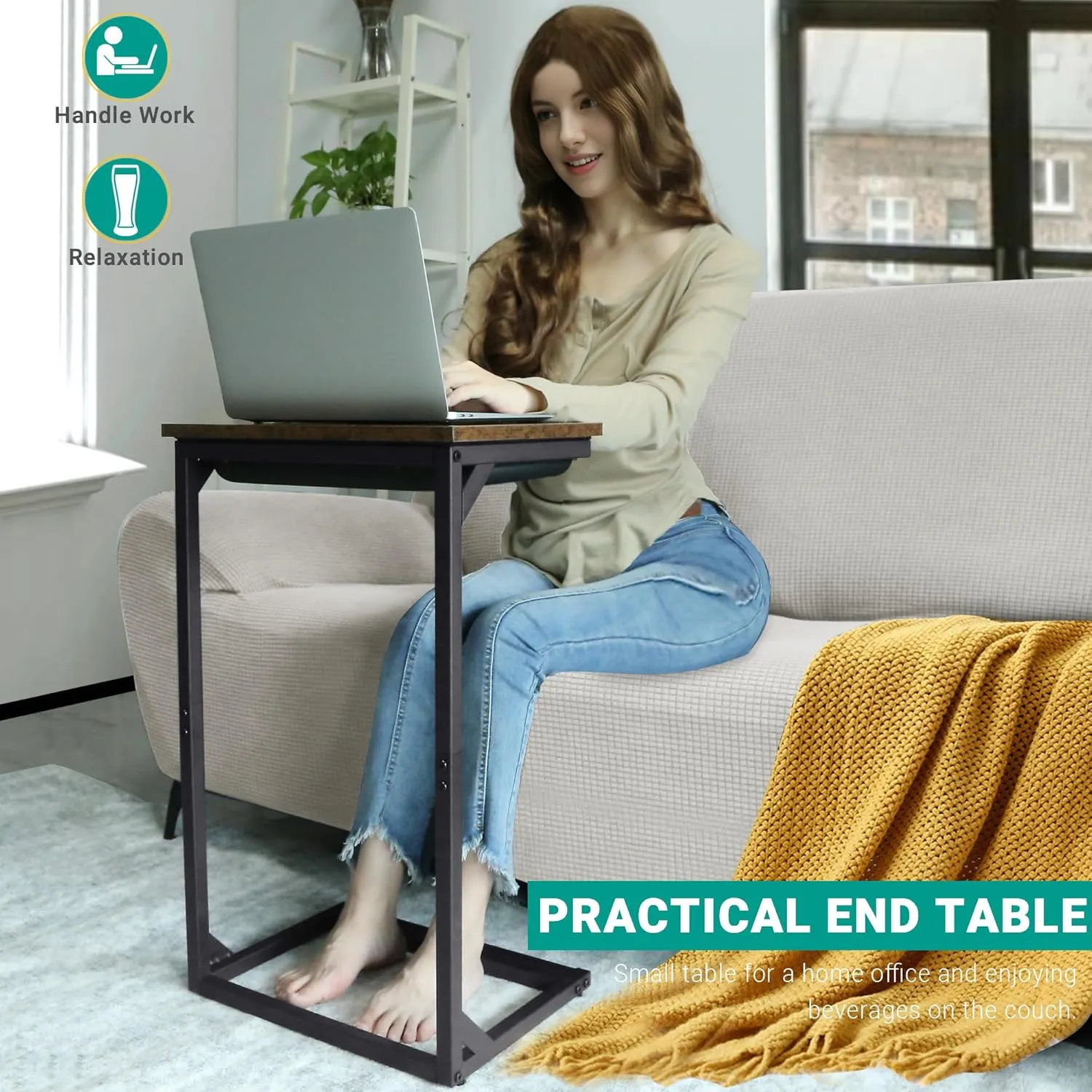 C Shaped End Table, Small Side Table Living Rome, Couch Side Table, Small TV Tray Table for Living Room, Bedroom