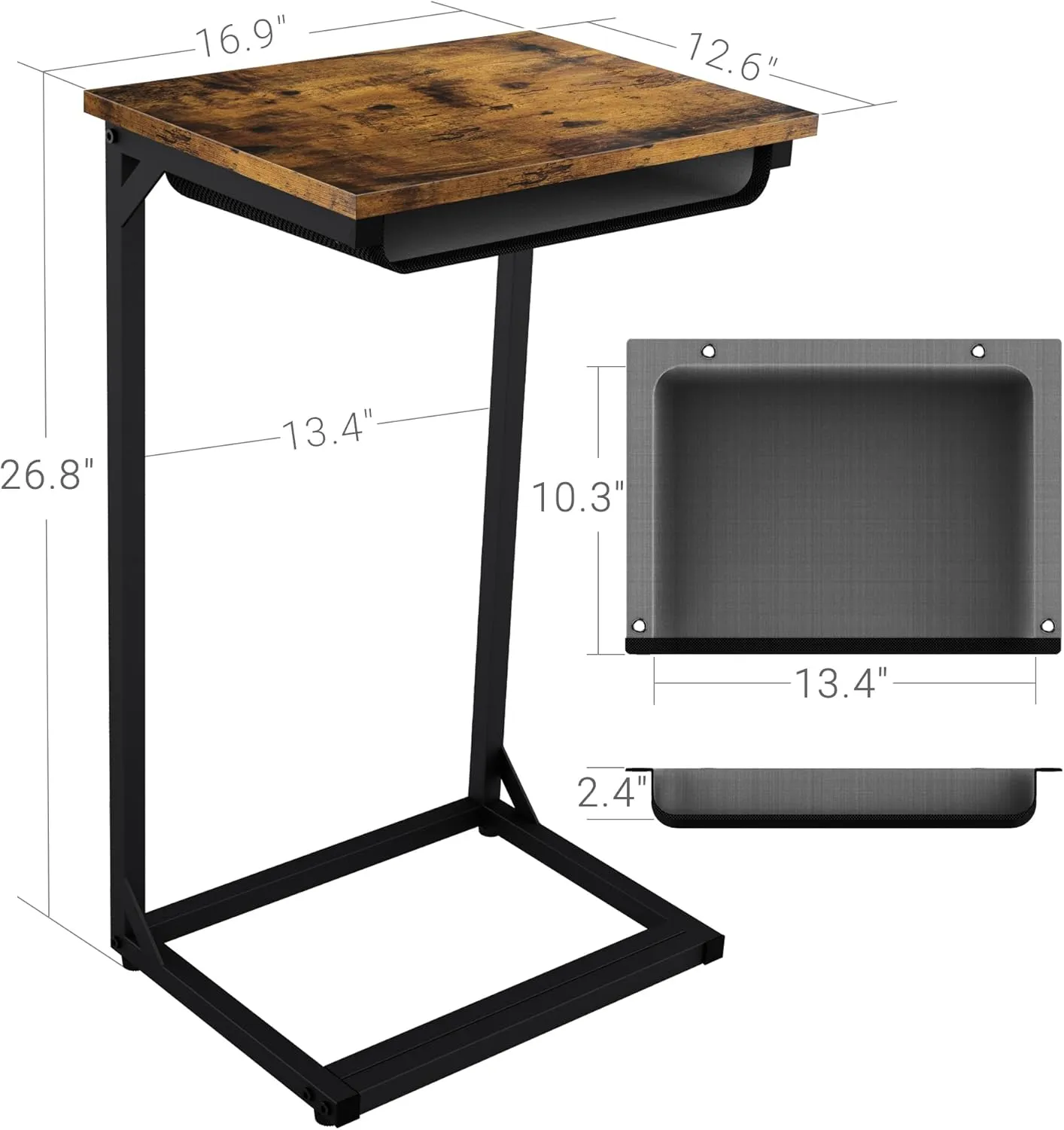 C Shaped End Table, Small Side Table Living Rome, Couch Side Table, Small TV Tray Table for Living Room, Bedroom