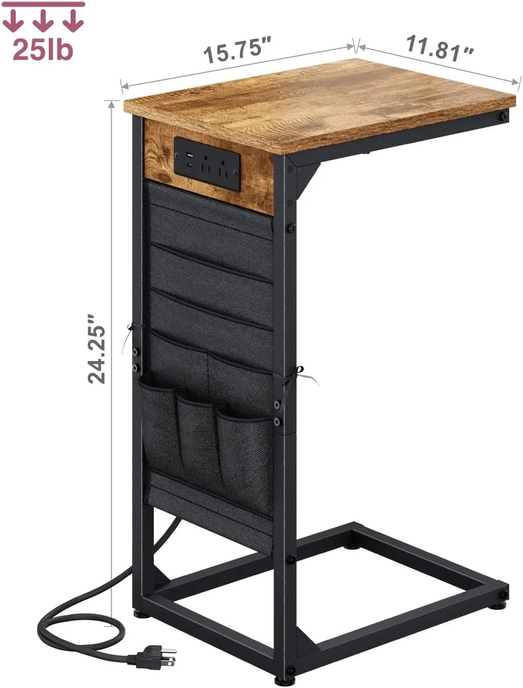 C-Shaped End Table with Charging Station, Small Couch Side Table with Storage Bag, Sofa Table for Living Room, Bedroom, Bedside ET-BR-1