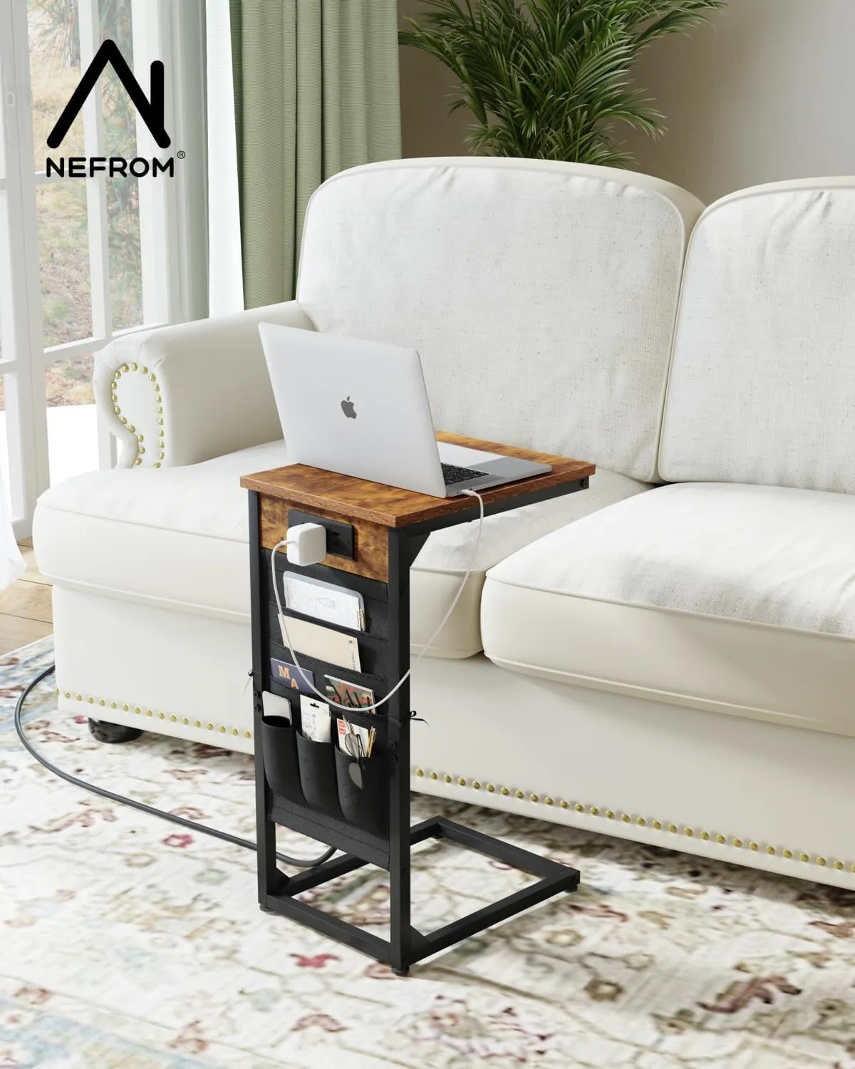 C-Shaped End Table with Charging Station, Small Couch Side Table with Storage Bag, Sofa Table for Living Room, Bedroom, Bedside ET-BR-1