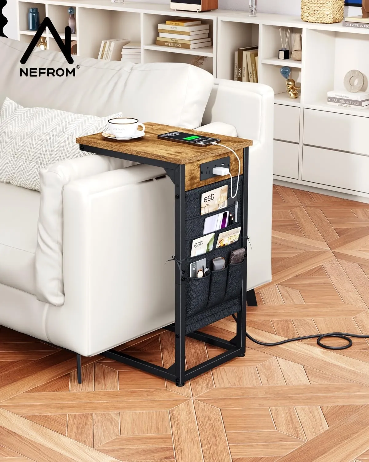 C-Shaped End Table with Charging Station, Small Couch Side Table with Storage Bag, Sofa Table for Living Room, Bedroom, Bedside ET-BR-1