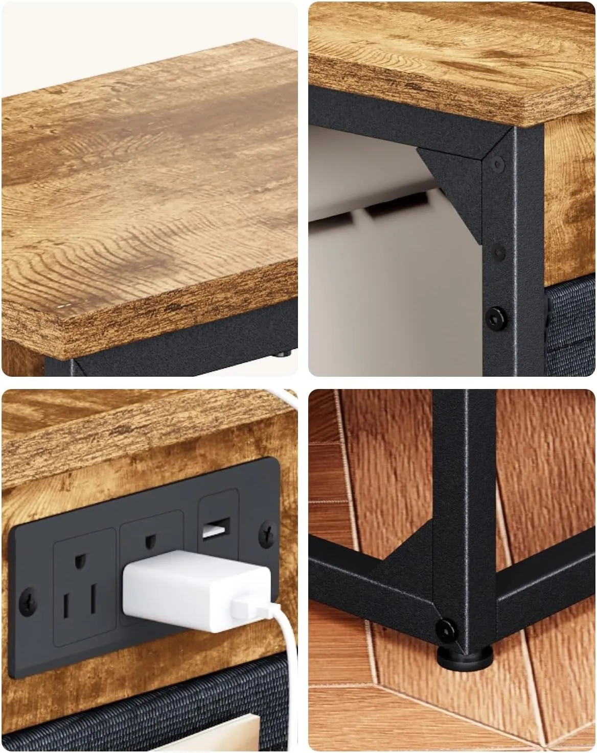 C-Shaped End Table with Charging Station, Small Couch Side Table with Storage Bag, Sofa Table for Living Room, Bedroom, Bedside ET-BR-1