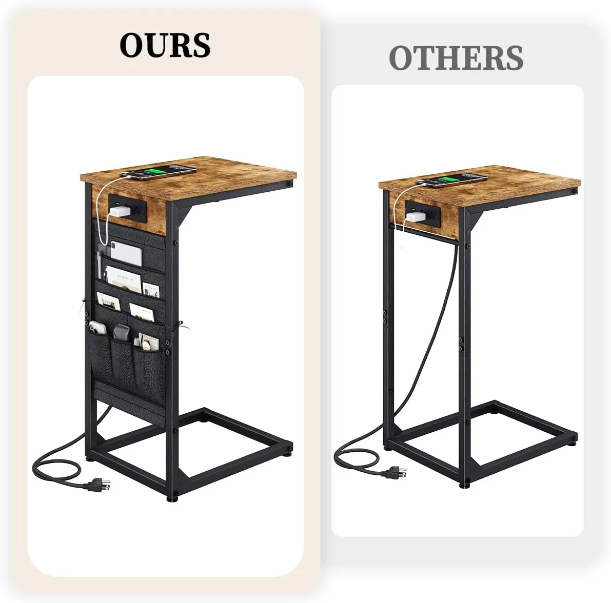C-Shaped End Table with Charging Station, Small Couch Side Table with Storage Bag, Sofa Table for Living Room, Bedroom, Bedside ET-BR-1