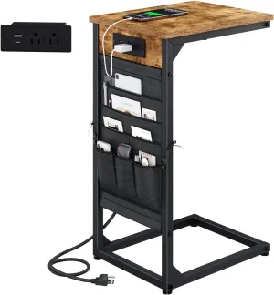 C-Shaped End Table with Charging Station, Small Couch Side Table with Storage Bag, Sofa Table for Living Room, Bedroom, Bedside ET-BR-1