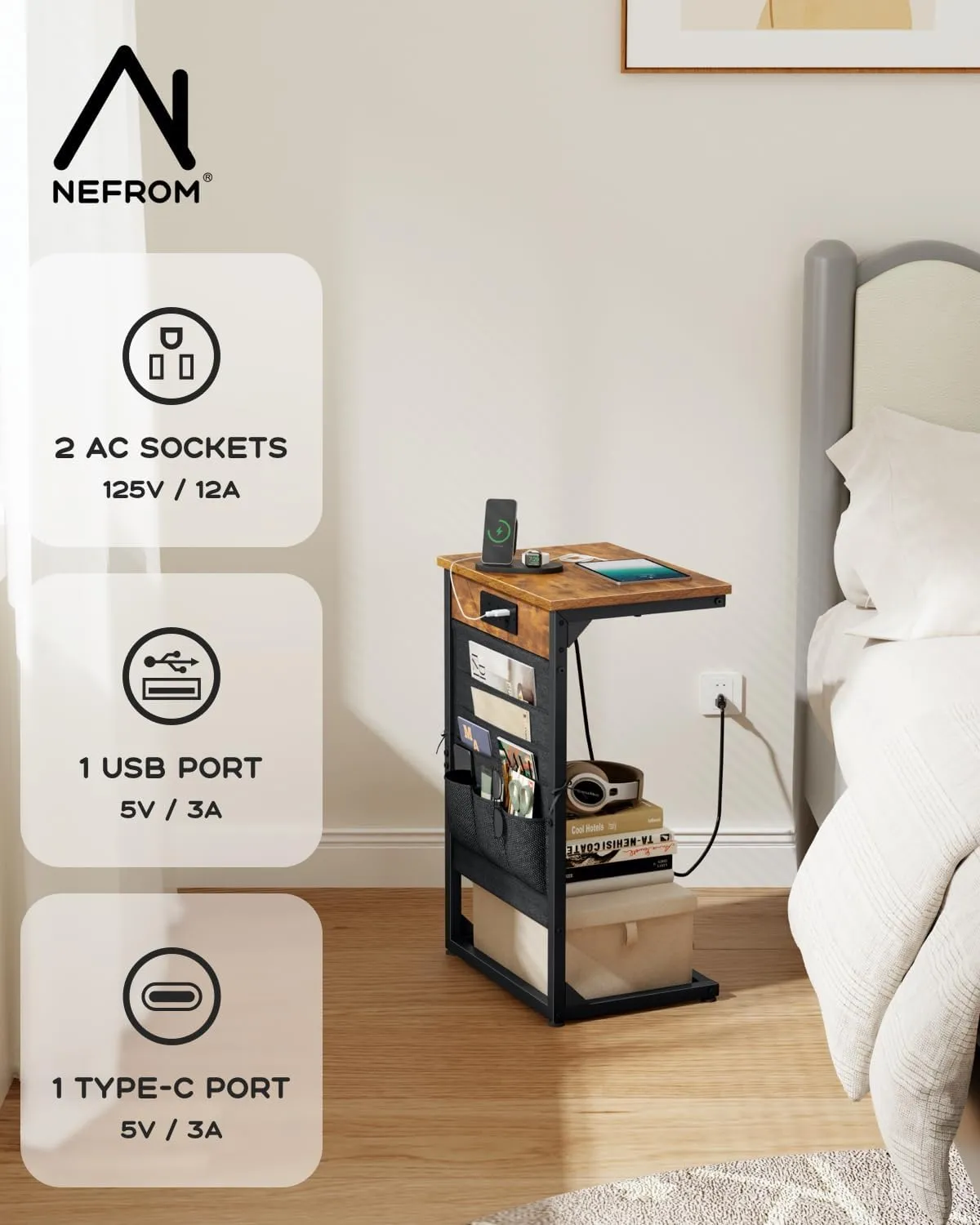 C-Shaped End Table with Charging Station, Small Couch Side Table with Storage Bag, Sofa Table for Living Room, Bedroom, Bedside ET-BR-W1