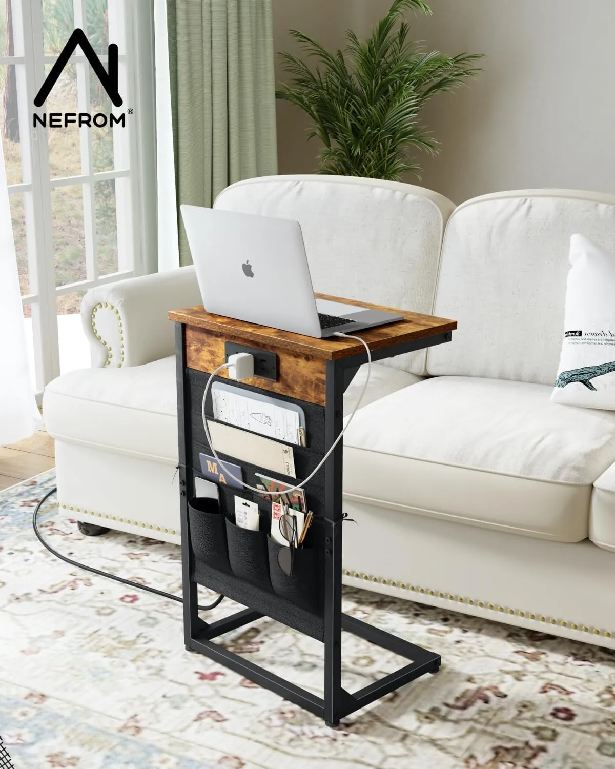 C-Shaped End Table with Charging Station, Small Couch Side Table with Storage Bag, Sofa Table for Living Room, Bedroom, Bedside ET-BR-W1
