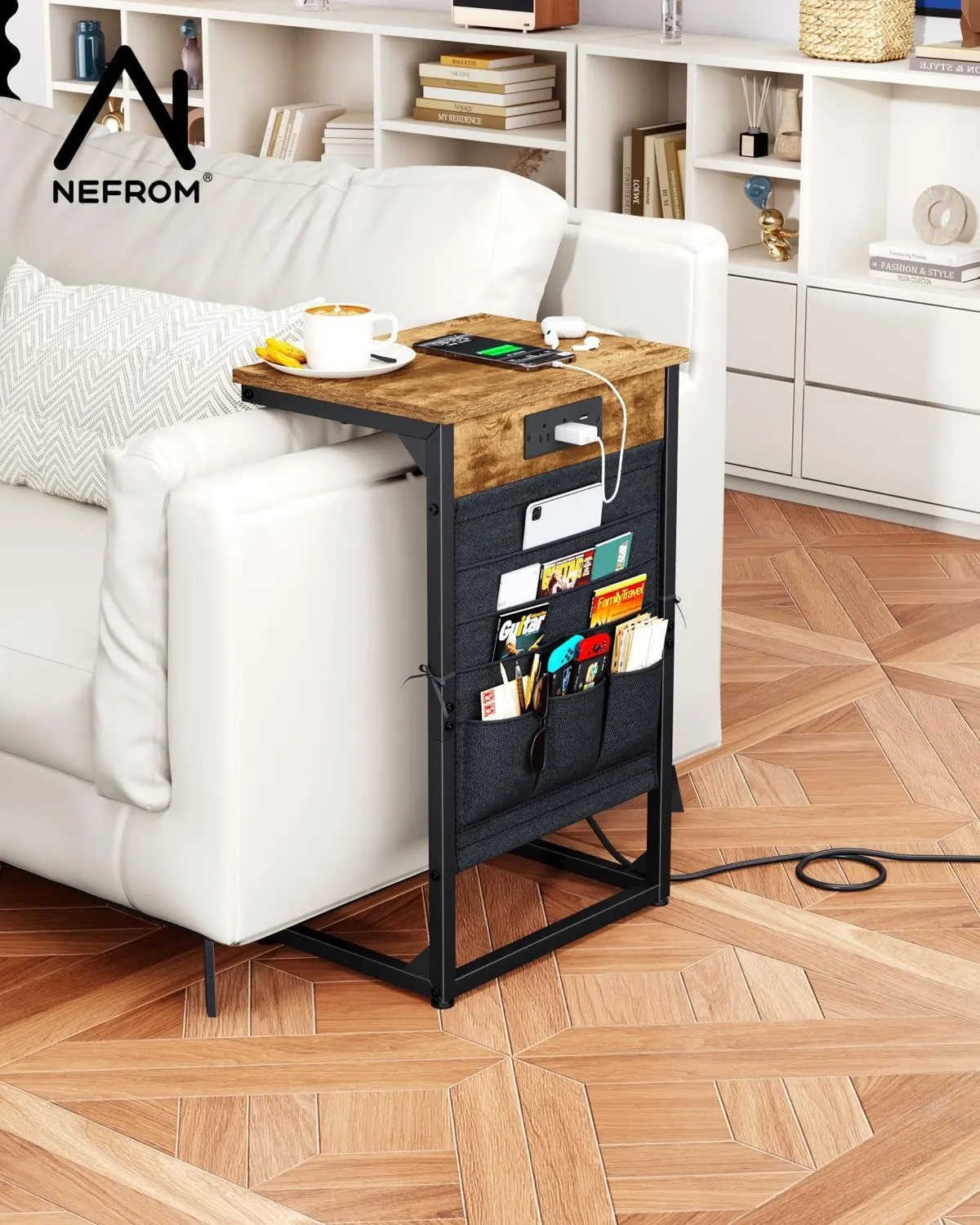 C-Shaped End Table with Charging Station, Small Couch Side Table with Storage Bag, Sofa Table for Living Room, Bedroom, Bedside ET-BR-W1