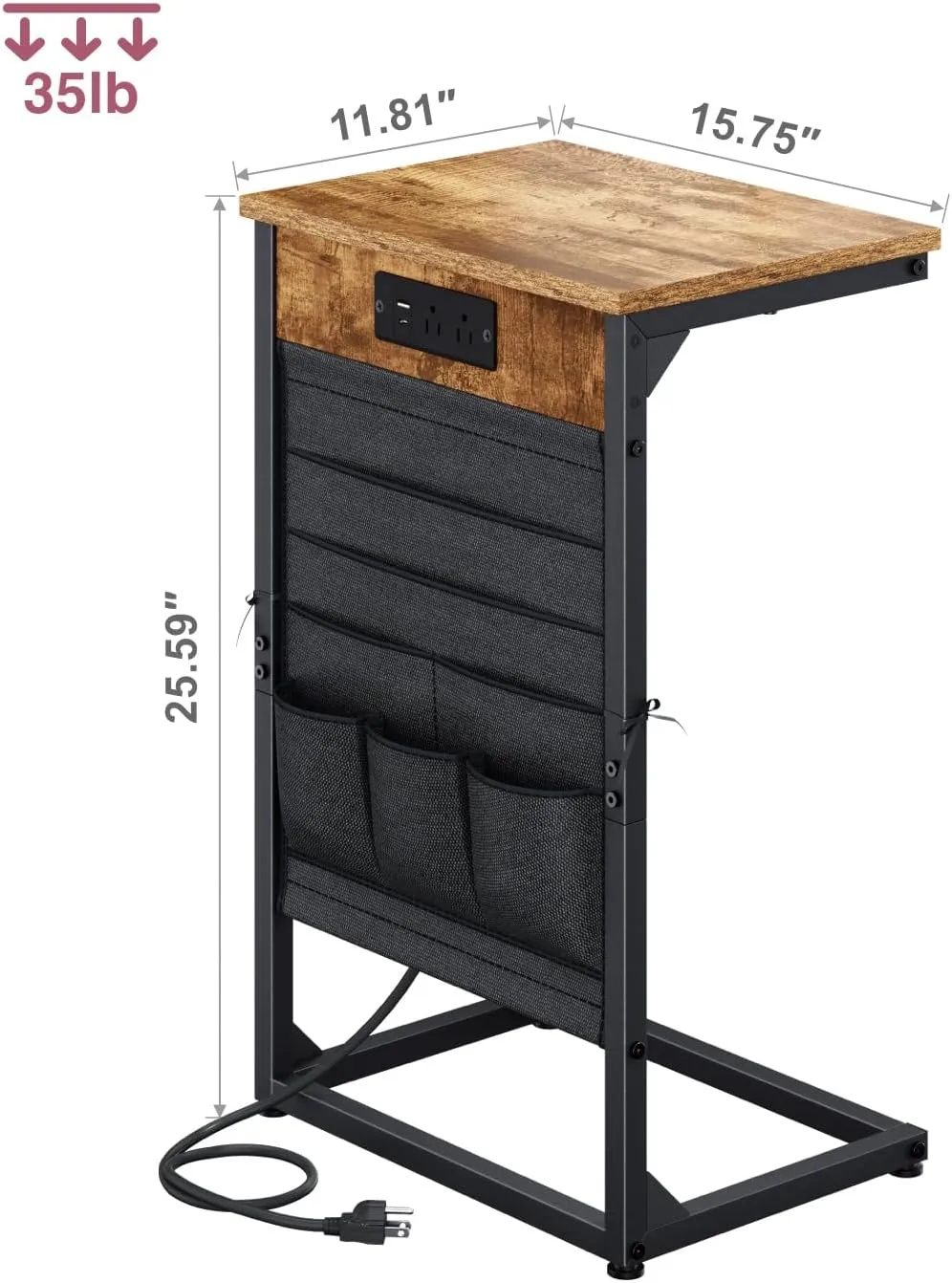 C-Shaped End Table with Charging Station, Small Couch Side Table with Storage Bag, Sofa Table for Living Room, Bedroom, Bedside ET-BR-W1