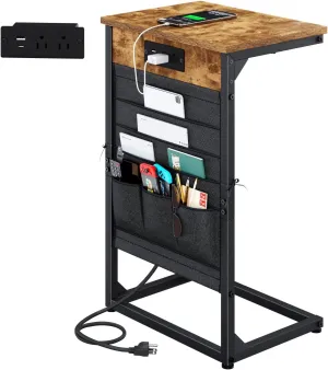 C-Shaped End Table with Charging Station, Small Couch Side Table with Storage Bag, Sofa Table for Living Room, Bedroom, Bedside ET-BR-W1