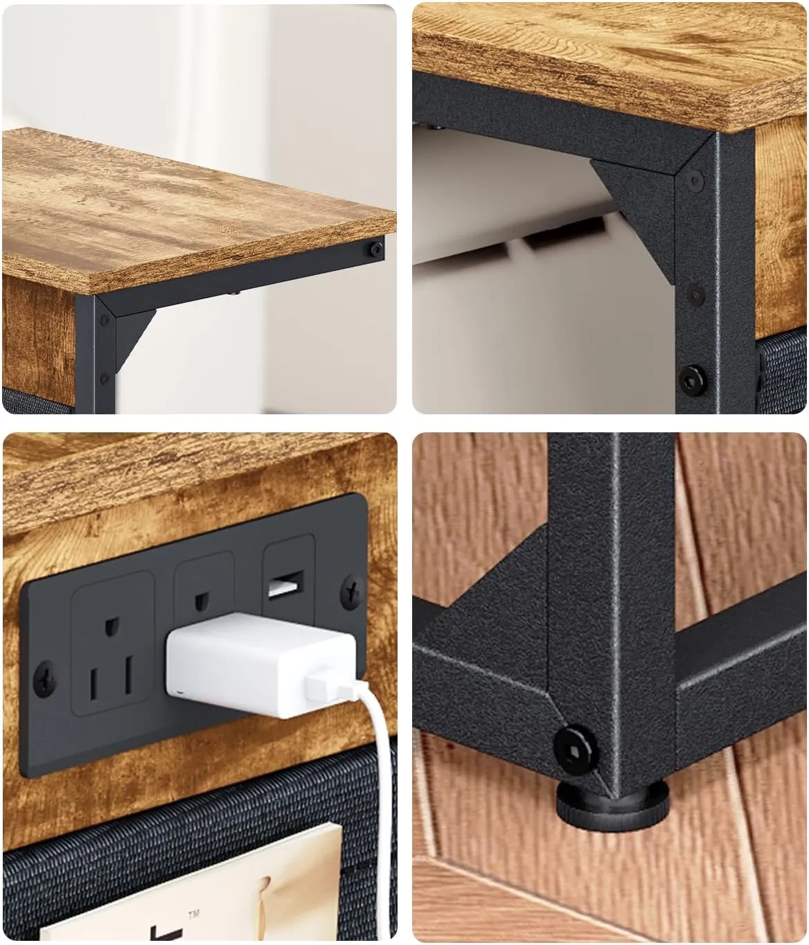 C-Shaped End Table with Charging Station, Small Couch Side Table with Storage Bag, Sofa Table for Living Room, Bedroom, Bedside ET-BR-W1