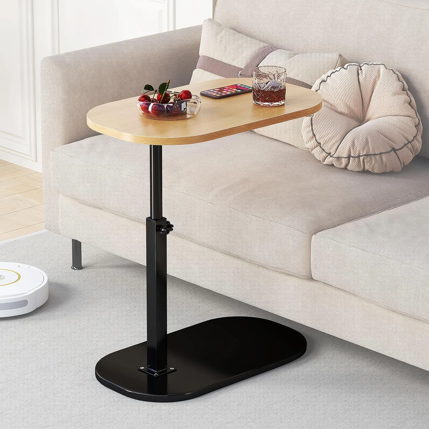 C Shaped Side Table, Adjustable Height C Shaped End Table, 360°Swivel Couch Side Tables That Slide Under, Modern Small Coffee C Table End Table for Sofa/Bed/Bathtub, Rotating Tabletop (Wood)