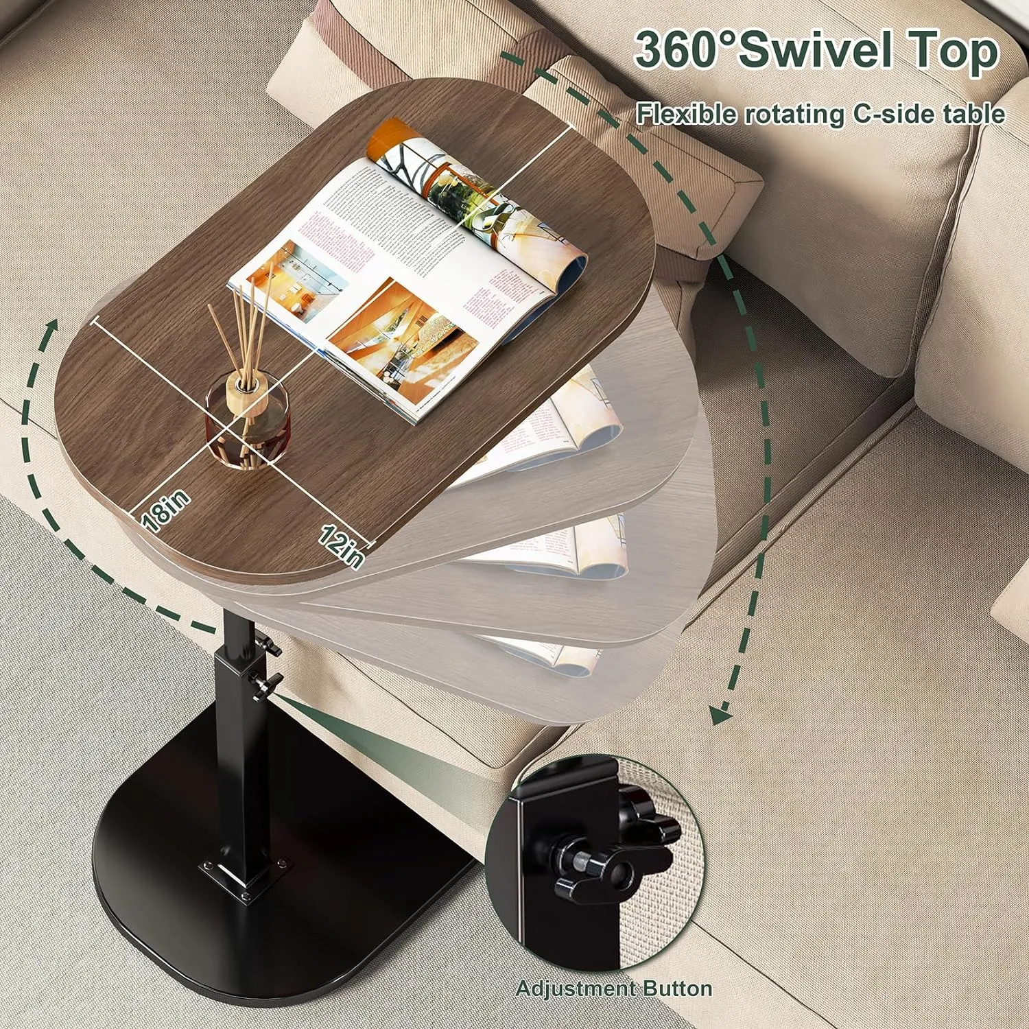 C Shaped Side Table, Adjustable Height C Shaped End Table, 360°Swivel Couch Side Tables That Slide Under, Modern Small Coffee C Table End Table for Sofa/Bed/Bathtub, Rotating Tabletop (Wood)