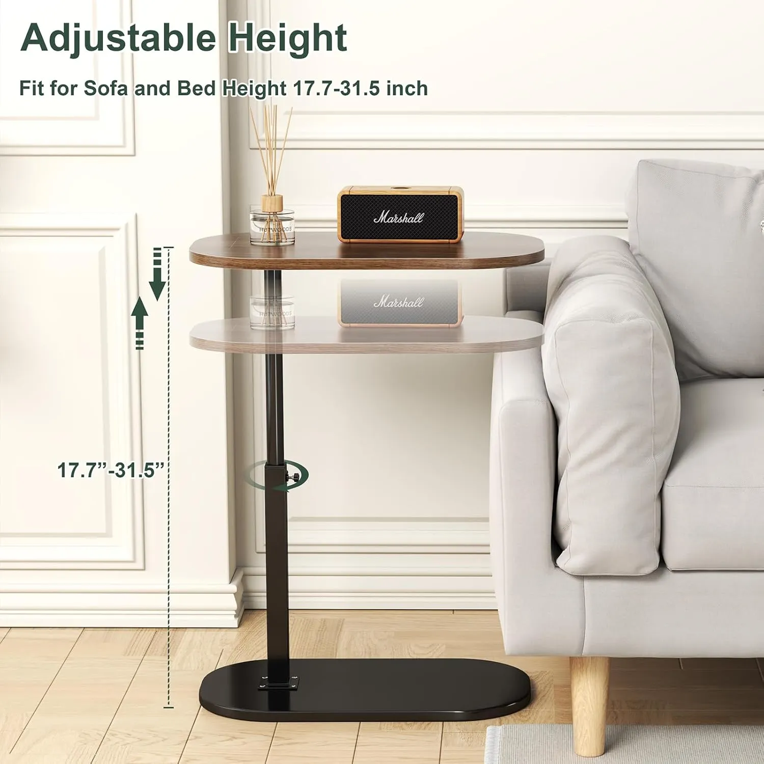 C Shaped Side Table, Adjustable Height C Shaped End Table, 360°Swivel Couch Side Tables That Slide Under, Modern Small Coffee C Table End Table for Sofa/Bed/Bathtub, Rotating Tabletop (Wood)