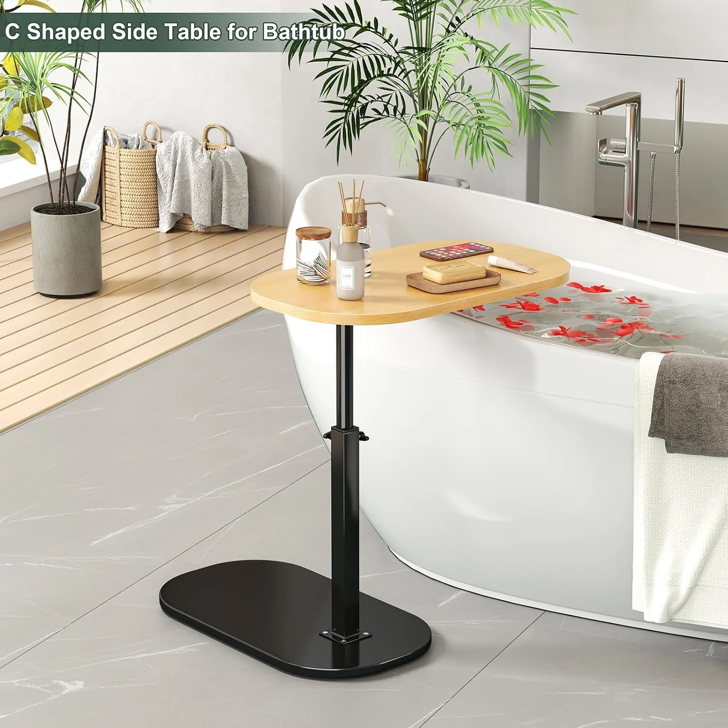 C Shaped Side Table, Adjustable Height C Shaped End Table, 360°Swivel Couch Side Tables That Slide Under, Modern Small Coffee C Table End Table for Sofa/Bed/Bathtub, Rotating Tabletop (Wood)