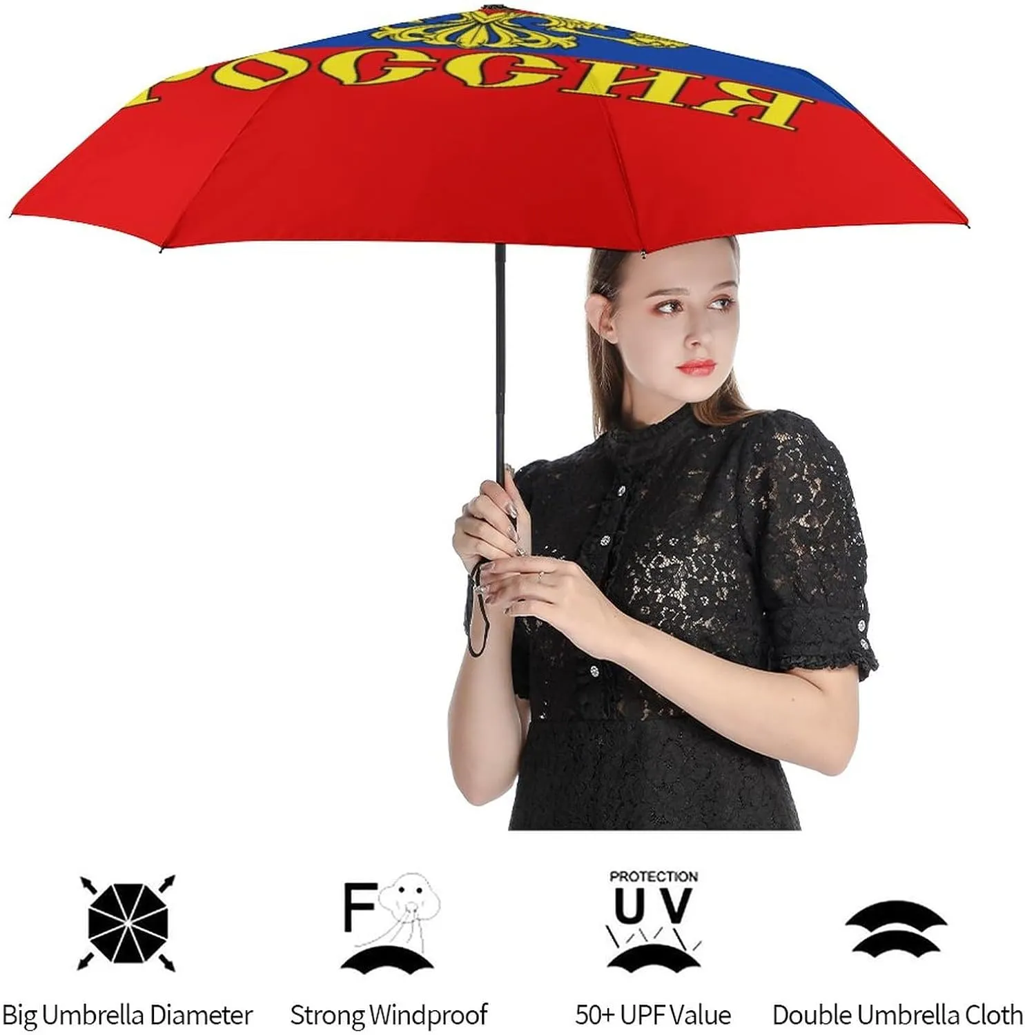 Calculay Russian Flag Portable Automatic Switch Folding Umbrella Manual Sunshade Anti-UV Travel Umbrella Rainproof And Windproof Suitable for Men And Women