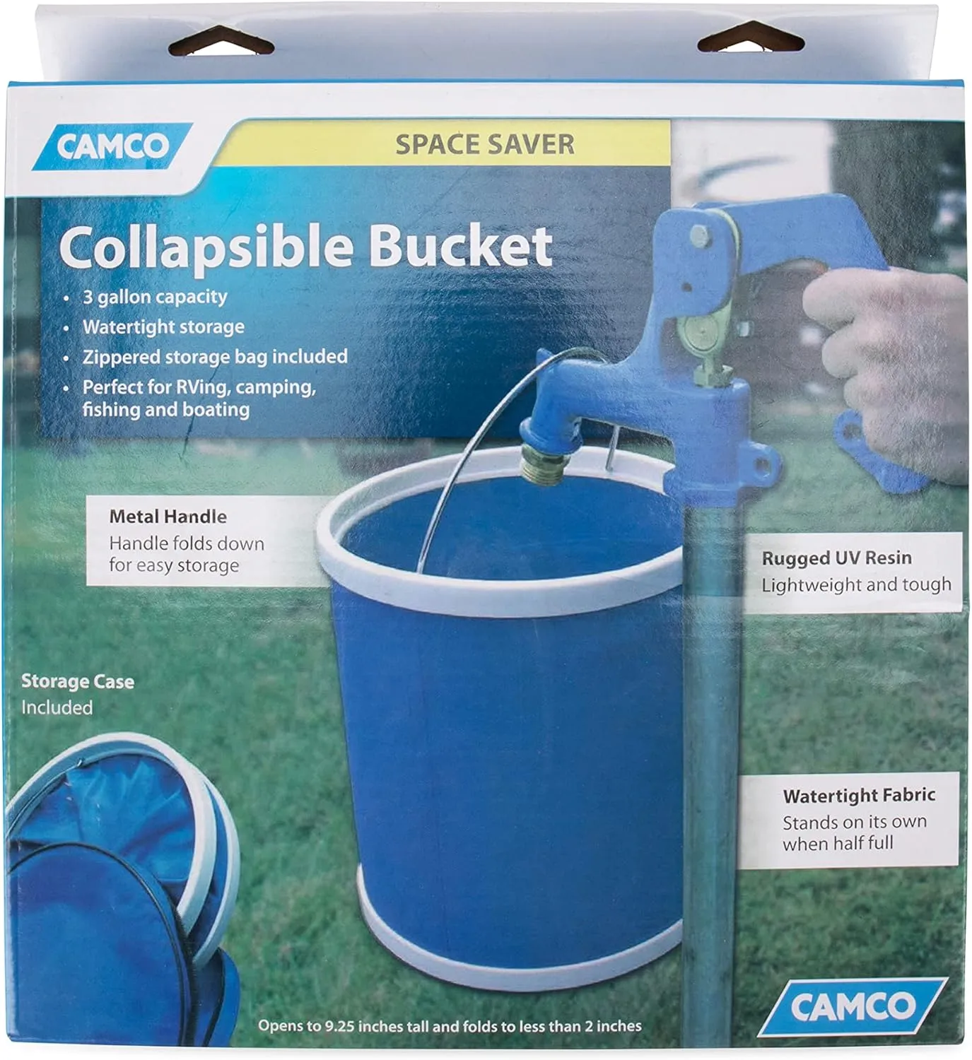 Camco Collapsible Bucket with Storage Case- Durable Pop Up Bucket with Watertight Fabric, Holds 3 Gallons of Water - Great for RVs, Camping, Fishing, Boating, Hiking and More - Blue (42993), Blank Ski