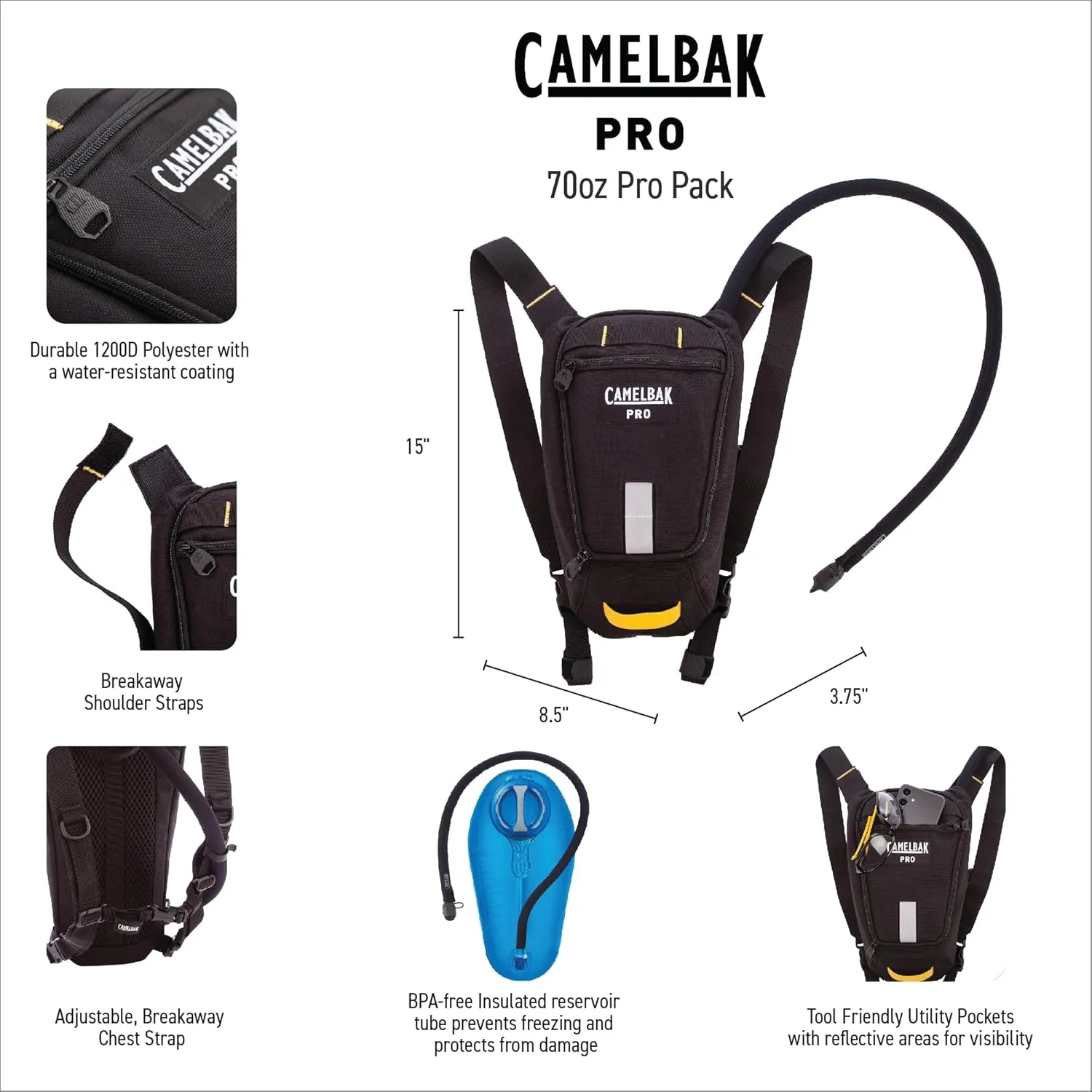 CamelBak Pro Hydration Backpack | Durable | Lightweight | Reflective | Construction | Rugged | Mesh Back Panel | Chest Strap