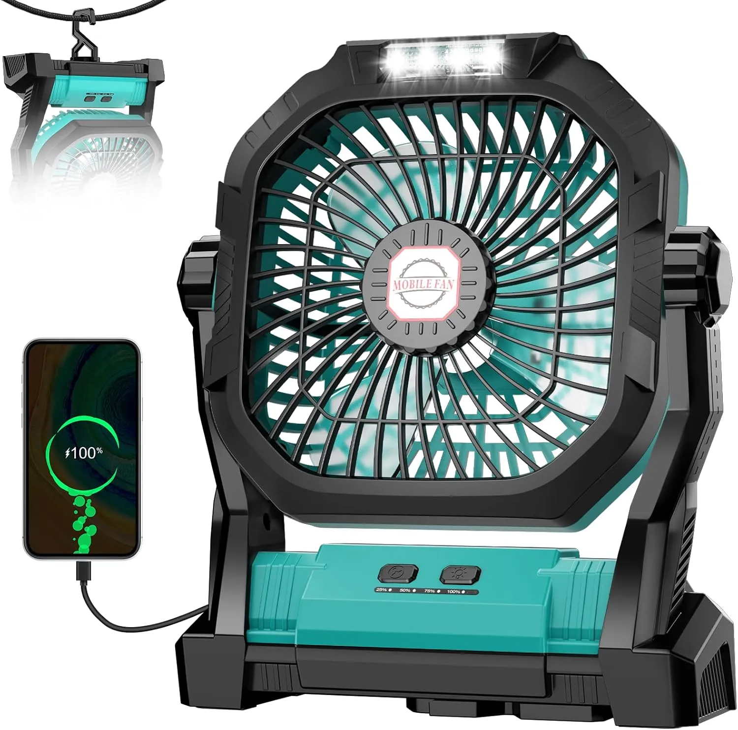 Camping Fan Rechargeable, 20000mAh Battery Powered Portable Fan with LED Light, 4-Speed 180° Adjustable, Camping Essentials for Tent, Travel, Car, Outdoor, Indoor, BBQ, Fishing, Jobsite - Blue