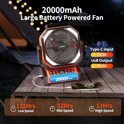 Camping Fan w/ Light-20000mAh Rechargeable Battery Fan w/ Remote