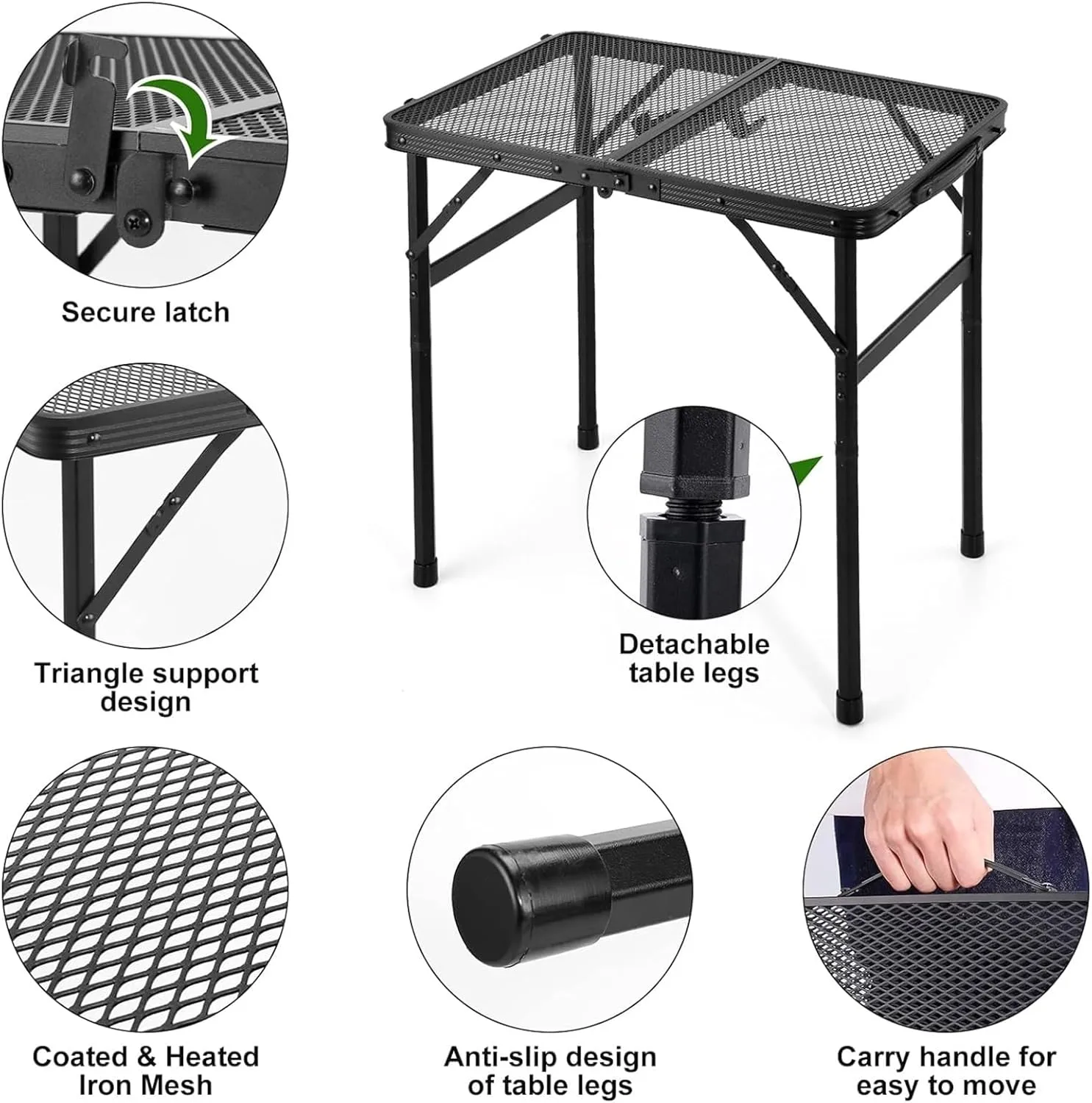 Camping Folding Table, Adjustable Height Aluminum Folding Grill Table, Compact Small Portable Ultralight Outdoor Dining Table for Garden, Patio, Camping, BBQ, Party, 60x40x56cm, Black, 981256