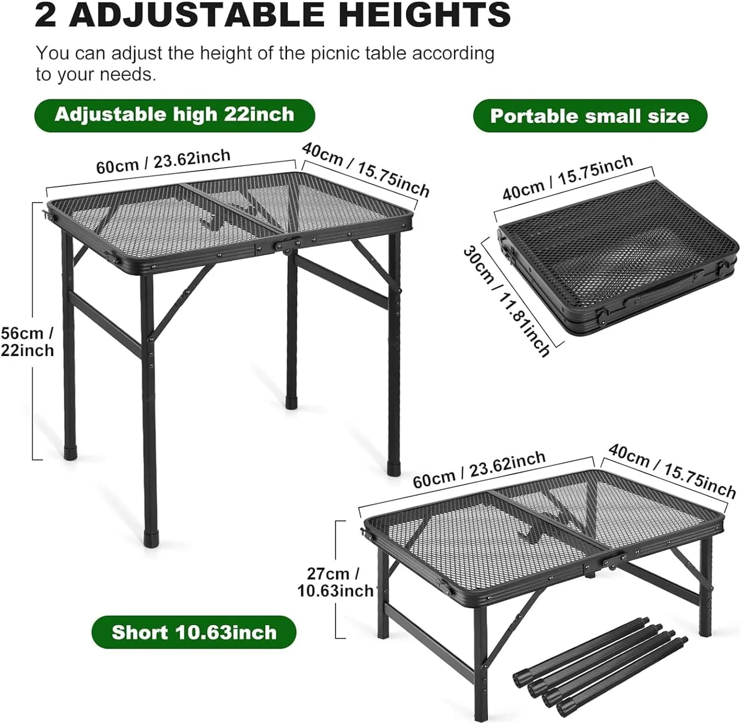Camping Folding Table, Adjustable Height Aluminum Folding Grill Table, Compact Small Portable Ultralight Outdoor Dining Table for Garden, Patio, Camping, BBQ, Party, 60x40x56cm, Black, 981256