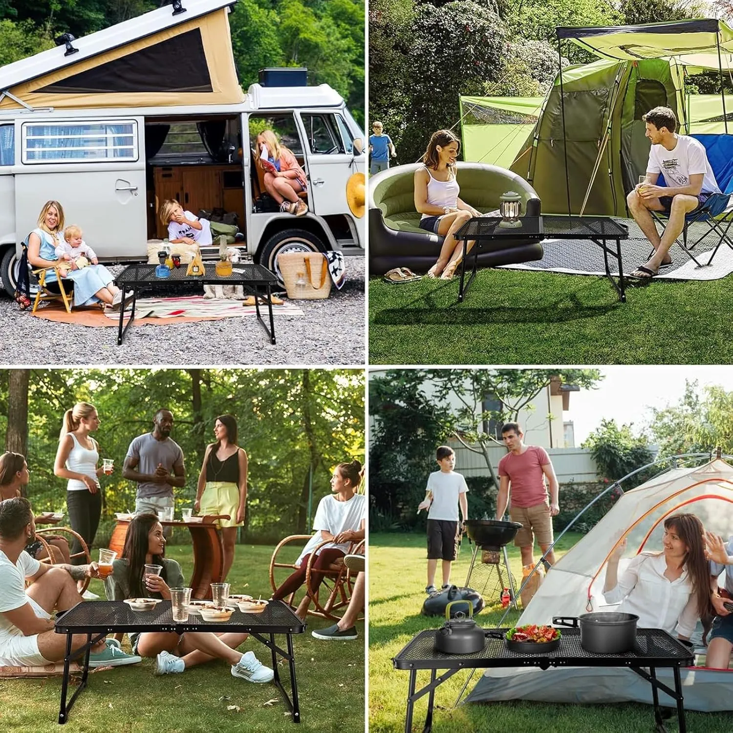 Camping Folding Table, Adjustable Height Aluminum Folding Grill Table, Compact Small Portable Ultralight Outdoor Dining Table for Garden, Patio, Camping, BBQ, Party, 60x40x56cm, Black, 981256
