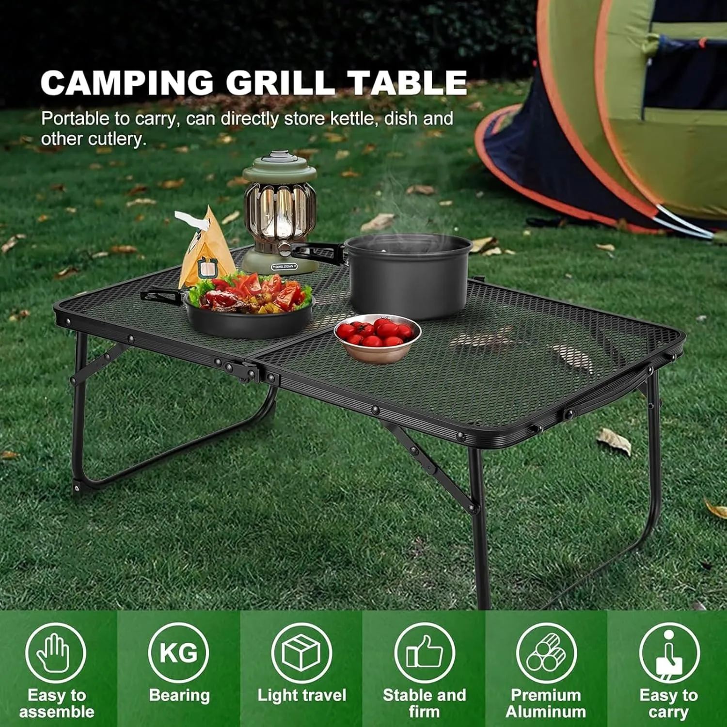 Camping Folding Table, Adjustable Height Aluminum Folding Grill Table, Compact Small Portable Ultralight Outdoor Dining Table for Garden, Patio, Camping, BBQ, Party, 60x40x56cm, Black, 981256