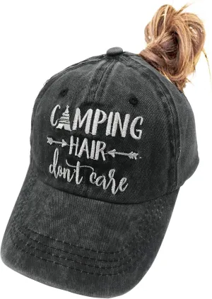 Camping Hair Don't Care Ponytail Hat Vintage Washed Distressed Baseball Dad Cap for Women