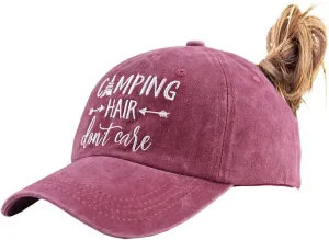 Camping Hair Don't Care Ponytail Hat Vintage Washed Distressed Baseball Dad Cap for Women