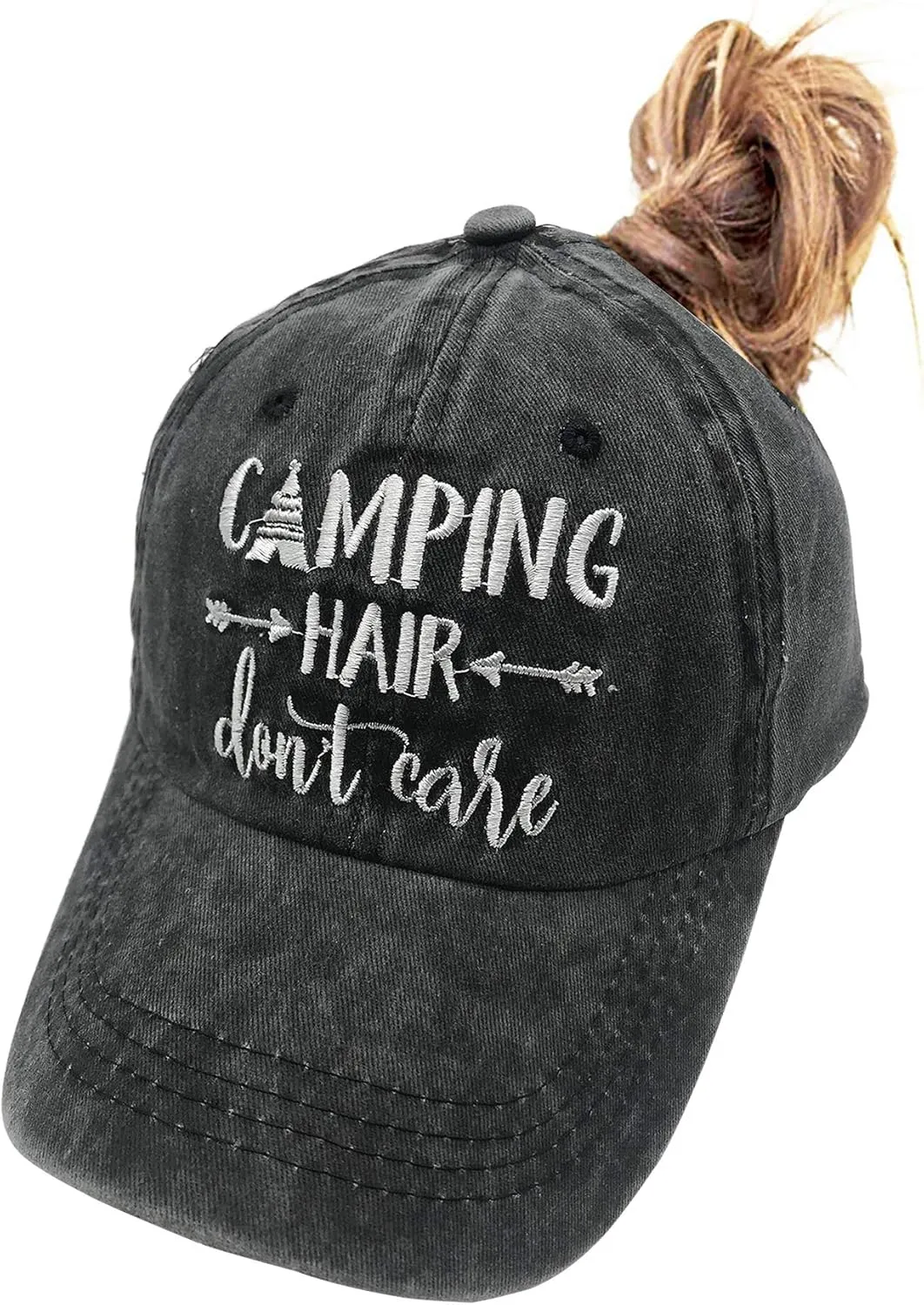 Camping Hair Don't Care Ponytail Hat Vintage Washed Distressed Baseball Dad Cap for Women