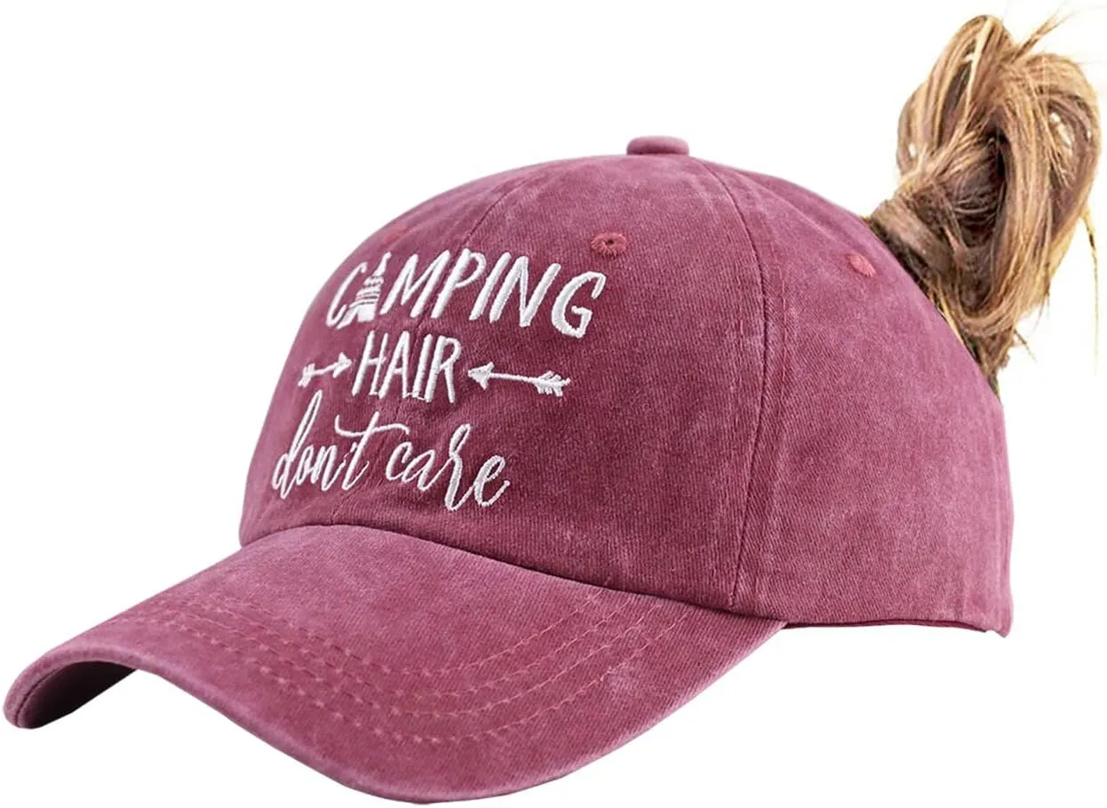 Camping Hair Don't Care Ponytail Hat Vintage Washed Distressed Baseball Dad Cap for Women