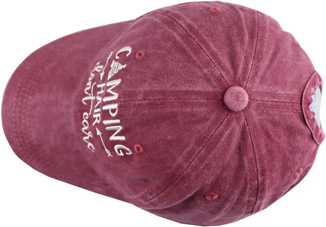 Camping Hair Don't Care Ponytail Hat Vintage Washed Distressed Baseball Dad Cap for Women