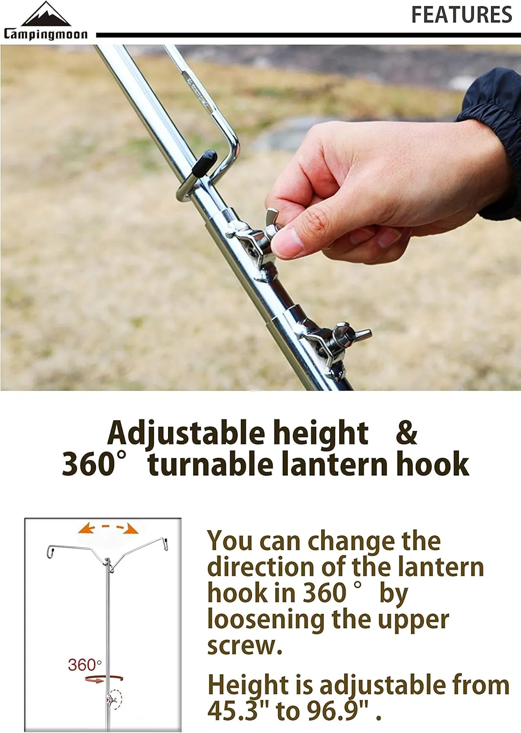 camping moon CAMPINGMOON Heavy Duty Stainless Steel Lantern Pile Driver Height Adjustable with Tripod Stand and Storage Bag D-240, D-243