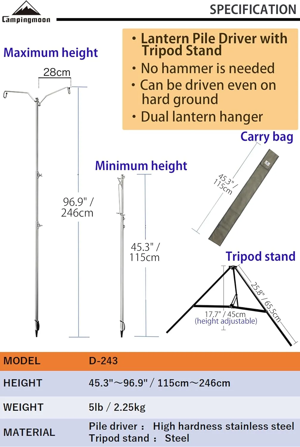 camping moon CAMPINGMOON Heavy Duty Stainless Steel Lantern Pile Driver Height Adjustable with Tripod Stand and Storage Bag D-240, D-243