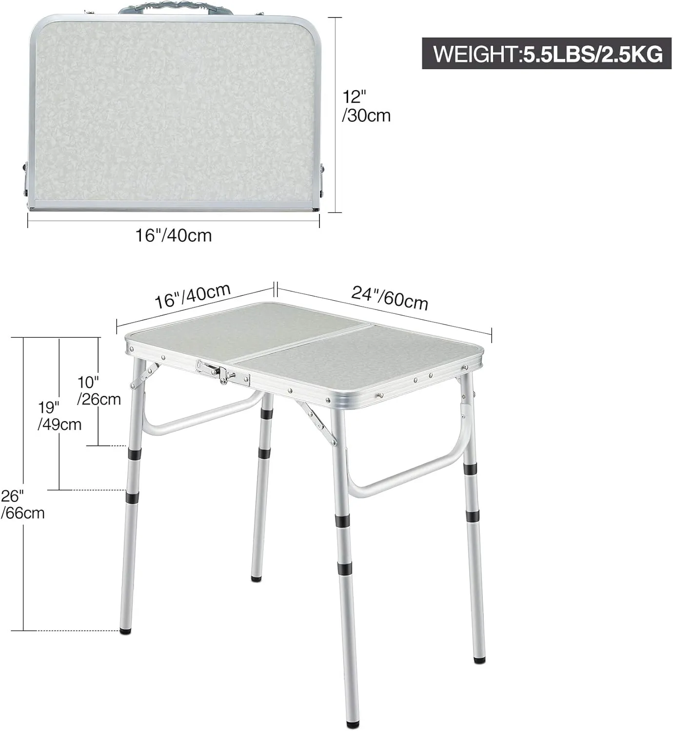 Camping Table 2 Feet Adjustable Height, Portable Lightweight Aluminum Frame Folding Picnic Table for Outdoor Indoor, White
