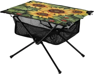 Camping Table Lightweight Portable Folding Table with Mesh Storage Net Flower Sunflower Ladybug Square Ideal for Camping Hiking Beach Picnic Travel Backyard